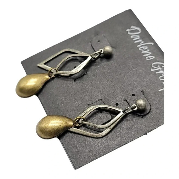 Darlene Group Multi Layered Two Toned Silver Gold Diamond Teardrop Dangle Earrin - Picture 3 of 4
